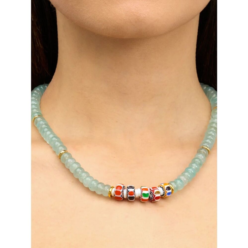 Aquamarine Bead Necklace with Multicolor Glass Accent Beads - Picture 2 of 3